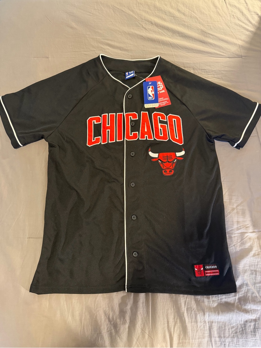 NWT Chicago Bulls Black Button-Up Jersey with Red Logo